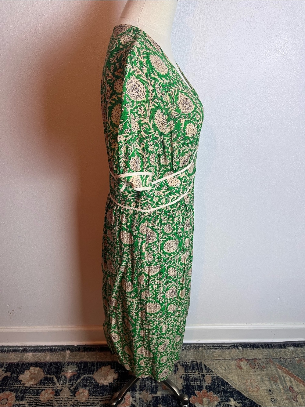 ba&sh Green Floral V-Neck Midi Dress with Ivory Print - Picture 3 of 8